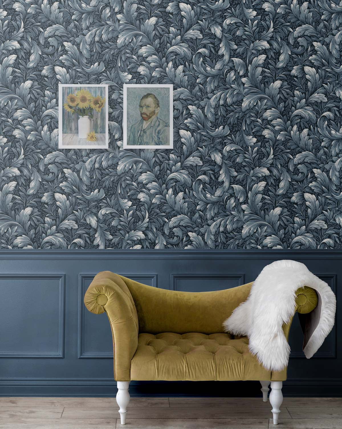 NextWall Navy Blue Acanthus Trail Peel and Stick Wallpaper