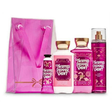 Bath and Body Works Twisted Peppermint Gift Bag Set, Full Size Body Lotion, Shower Gel, Fragrance Mist and 1 oz Hand Cream arranged inside a transparent Gift Bag.