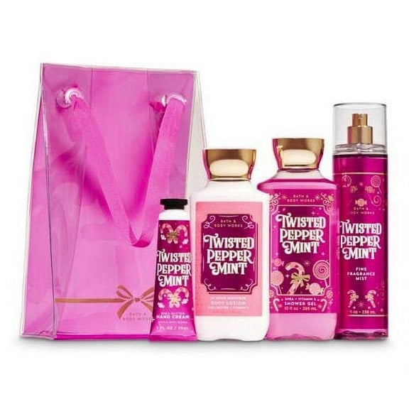 Bath and Body Works Twisted Peppermint Gift Bag Set, Full Size Body Lotion, Shower Gel, Fragrance Mist and 1 oz Hand Cream arranged inside a transparent Gift Bag.