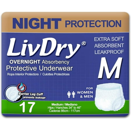 LivDry Overnight Adult Diapers for Women and Men  Incontinence Underwear (Medium 4 bags of 17)