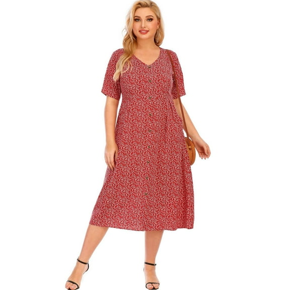 Hotian Women Curve Plus Size V Neck Button Front High Waisted Casual Summer Midi Tea Dress With Pocket 3XL/US18 (one size smaller)