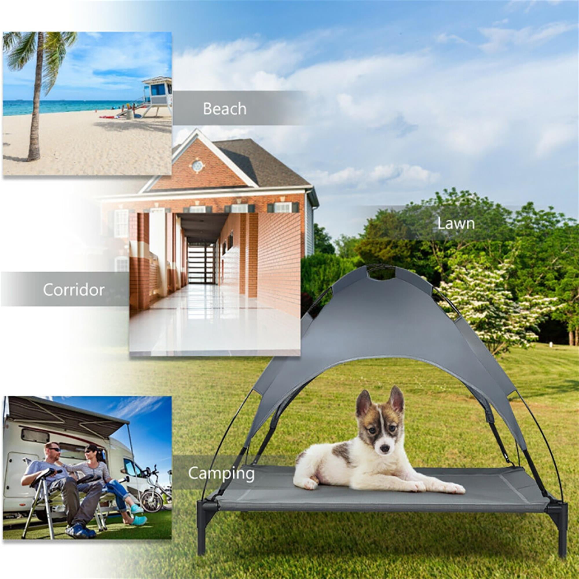 resenkos 41" Outdoor Elevated Dog Cot with Removable Canopy Shade, Pet Bed for Camping Small Medium Dogs, Portable Cooling Raised Dog Bed with and Side for Beach, Gray
