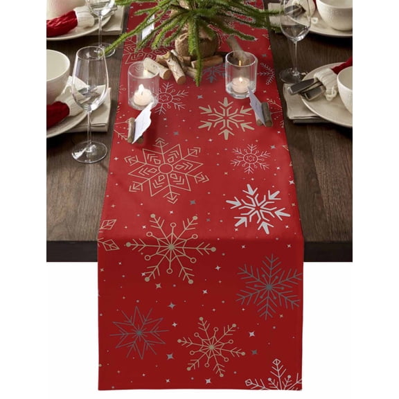 Red Christmas Snowflakes Cotton Linen Table Runner for Dining Kitchen, Modern Xmas Winter Minimalist Wedding Outdoor Party Tablerunners Decoration, Dresser Scarf Coffee Tablecloth Runners 14"x72"