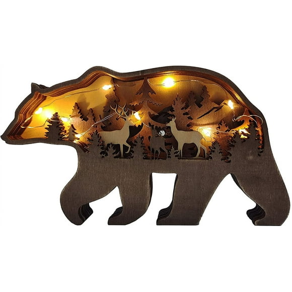 3D Forest Animal Wooden Wall Decor with String Lights, Wall Sculpture for Wall Decoration, Brown Bear and Moose Wall Decor, Festival Gifts