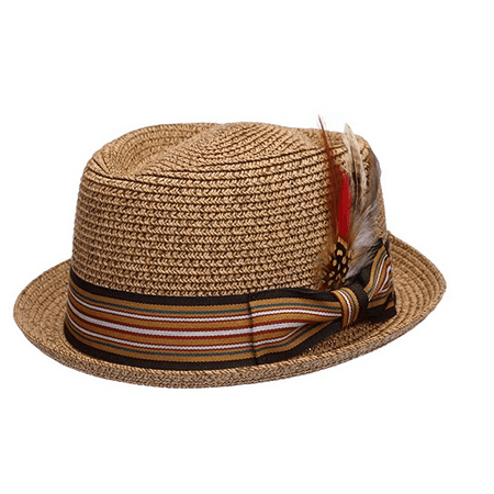 Fedora Pork Pie Straw Hat w/ Striped Band and Removable Feather Summer Cool Hat