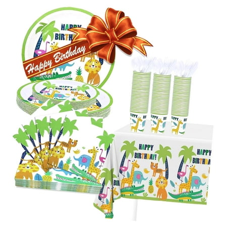 hgudesign 211 PCS Jungle Happy Birthday Paper Dinnerware Set for 30 - Featuring Plates, Animal Print Cups, Jungle Party Napkins - Perfect for Animal-Themed Birthday and Shower Celebrations
