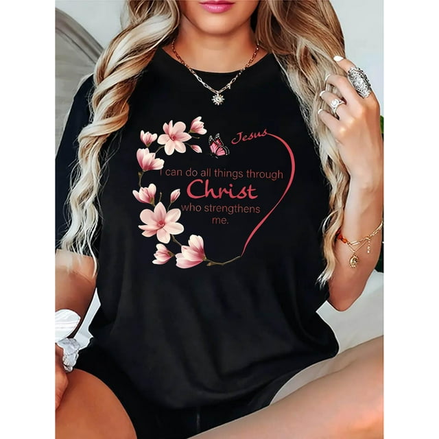 Women'S Inspirational Graphic T-Shirt, Polyester Blend, Casual Crew Neck, Medium Stretch Knit Fabric, with Floral and Butterfly Heart Design, for All Seasons