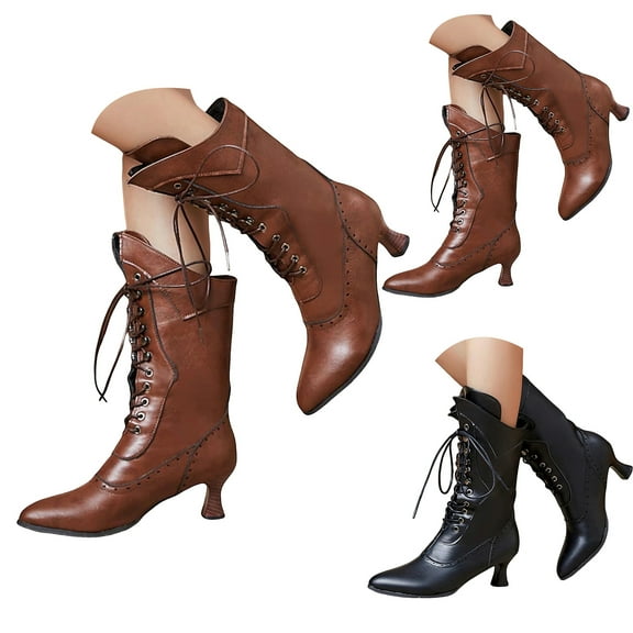Dakaela Victorian Boots for Women Vintage Granny Mid Calf Booties Lace up Block Heel Goth Punk Shoes