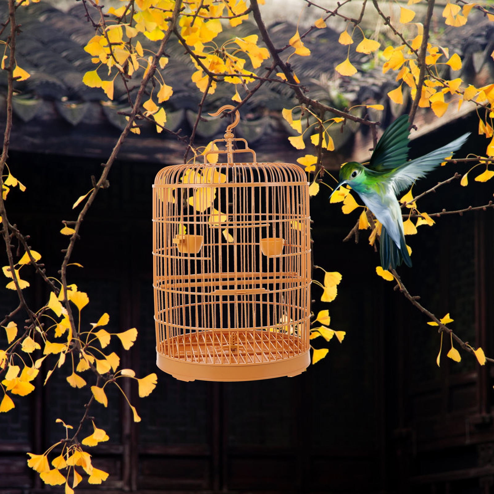 OUNONA Plastic Hanging Bird Cage in Yellow Stylish Round Cage for Small Animal Storage