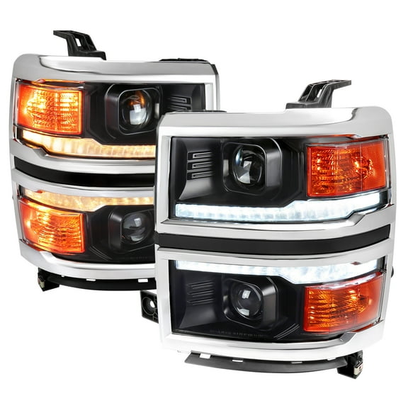 Switchback Sequential LED Bar Projector Headlights (Black Housing/Clear Lens/Chrome Trim) Made for and Compatible with 2014-2015 Chevrolet Silverado 1500