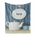 thumbnail image 1 of Tea Time Soft Flannel Fleece Blanket, Country Themed Rustic Inspired Lettering on Plates Cups and Pot Illustration, Cozy Plush for Indoor and Outdoor Use, 60" x 80", Blue and White, by Ambesonne, 1 of 6
