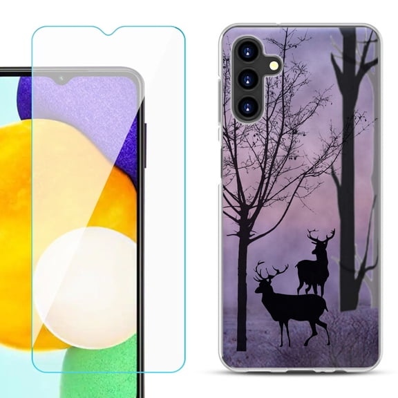 Slim-Fit TPU Fashion Phone Case for Samsung Galaxy A13 5G, with Tempered Glass Screen Protector, by OneToughShield ® - Forest/Deer/Twilight