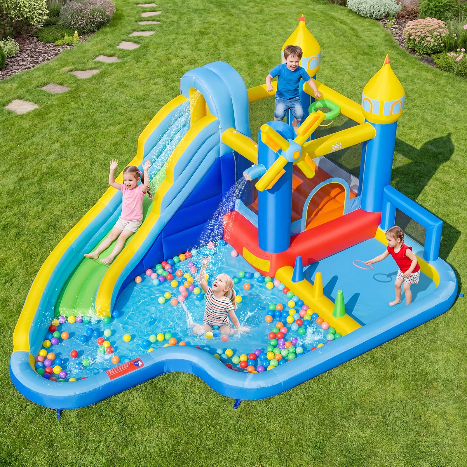 Costway Inflatable Water Slide Park with Slide, Jumping Area, Splash Pools, 680W Blower