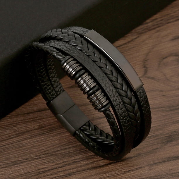 Pulsera de acero inoxidable para hombre con hebilla magnética de cuero tejido cepillado