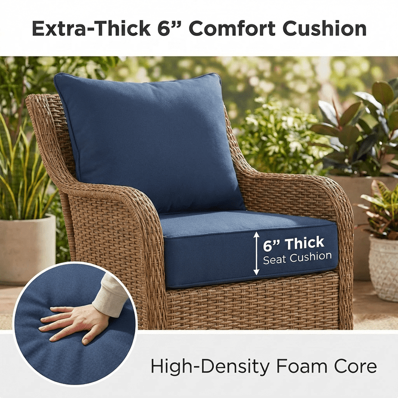 24 x 24 in Outdoor Olefin Patio Cushion Set with Back Pillow, 6 in Thick, Water- and Fade-Resistant, Navy Blue