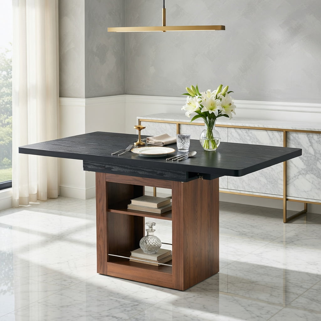 Hommoo Expandable Dining Table with Storage, 59-71" Rectangular Pull-Out Table for 4-8 People, MDF + Metal Frame, Modern Space-Saving Kitchen/Dining Room Furniture, Black & Walnut
