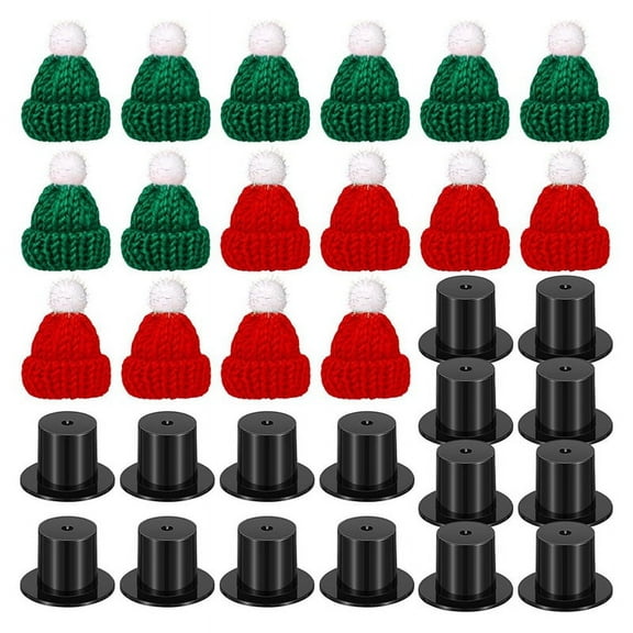 32PCS Doll Mini Hats Include 16 Mini Knitting Santa Hats and 16 Black Plastic Christmas Hat Miniature Pla