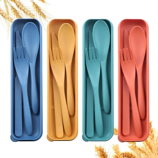 Juego de utensilios reutilizables con estuche, pajita de trigo, cubiertos, vajilla para almuerzo, viaje y picnic.