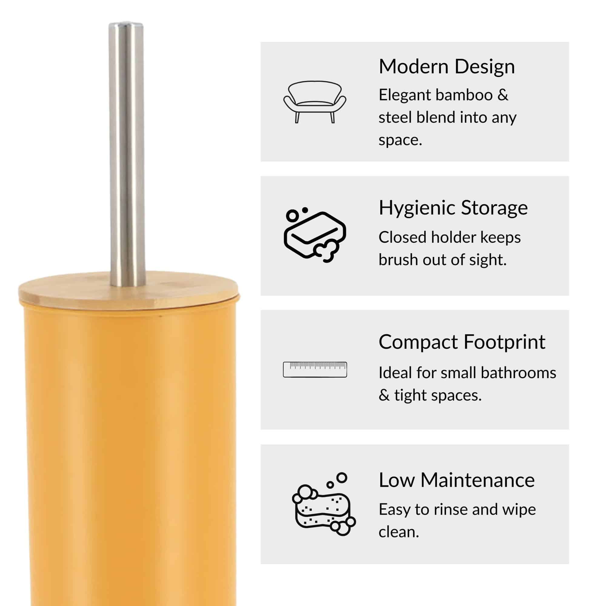 Mustard Yellow Metal Toilet Brush and Holder Set With Bamboo Lid