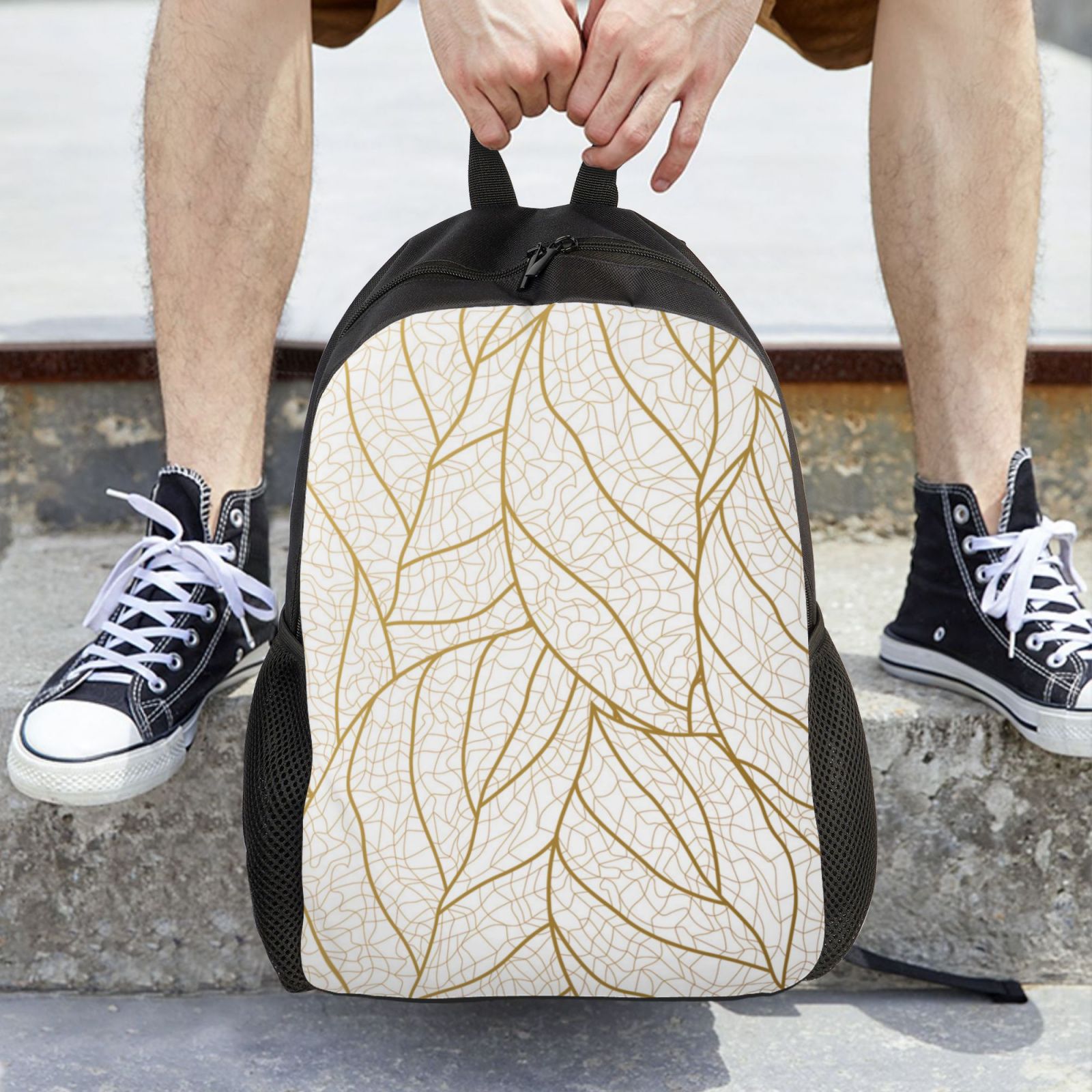 Xecao Elegant Gold Leaf Pattern Print School Backpack with Laptop Compartment Small Travel Laptop Backpack for Women Men Waterproof College Backpack Simple School Bag