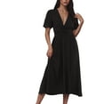 thumbnail image 2 of Vestido de mujer INSPIRE CHIC con escote en V, manga corta, cintura elástica, vestido sólido XS negro, 2 of 7