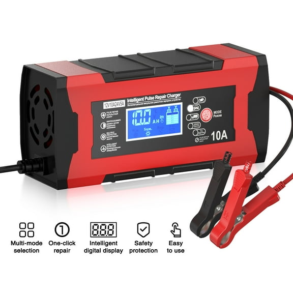 10-Amp Car Battery Charger, 12V 24V Automatic Smart Battery Maintainer Trickle Charger, Battery Charger Battery Desulfator with Temp Compensation for Car Truck Motorcycle Lawn Mower Lead Acid Battery