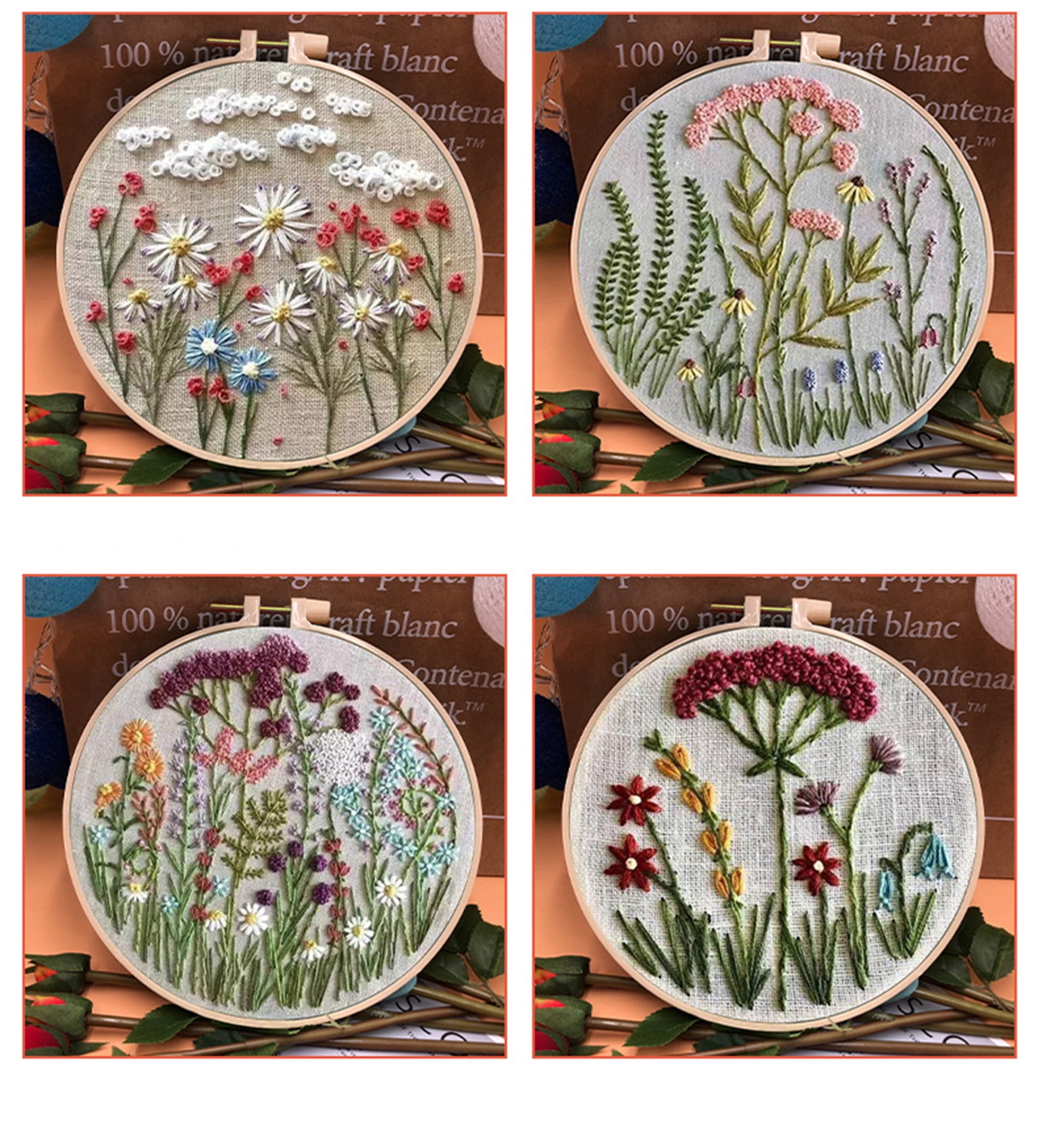 HVEST 4 Pack Embroidery Kit for Beginners - Rustic Floral & Green Leaf with Embroidery Pattern, Hoop, Complete Cross Stitch Supplies (Needle/Threads/Scissors) DIY Craft for Adults Sewing Hobby