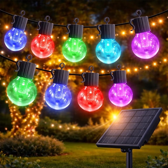 50FT Outdoor Solar String Lights RGB Color Changing and Warm White 25 LED Bulbs Remote Control IP65 Waterproof