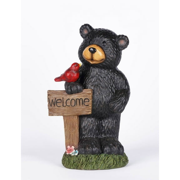 Hi-Line Gifts Bear Holding Welcome Sign Outdoor Garden Statue - 18.5" - Black and Brown