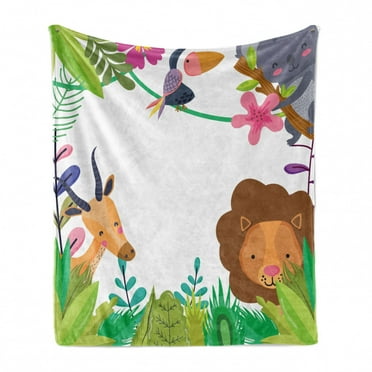 Lion Soft Flannel Fleece Throw Blanket, Cartoon Animal Characters in the Jungle Tropical Illustration Wildlife Greenery, Cozy Plush for Indoor and Outdoor Use, 60" x 80", Multicolor, by Ambesonne