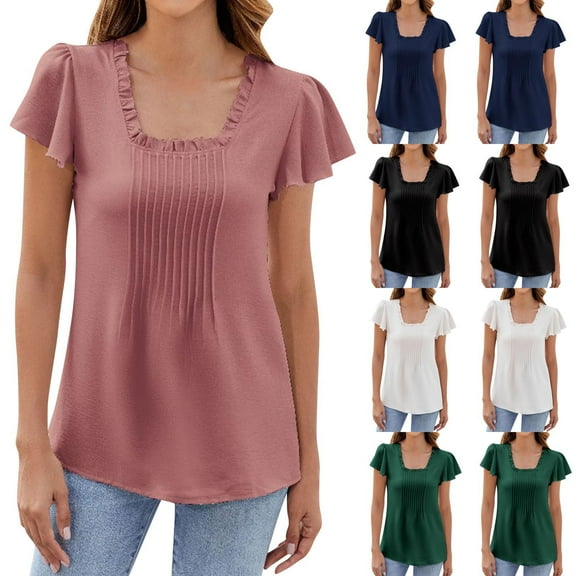 Women's Solid Color Square Collar Ruffled Short Sleeve Blouse T-Shirt Tops Soft Cute Trendy Outfits Casual Daily Wear Work Office | CSEONE,Green L