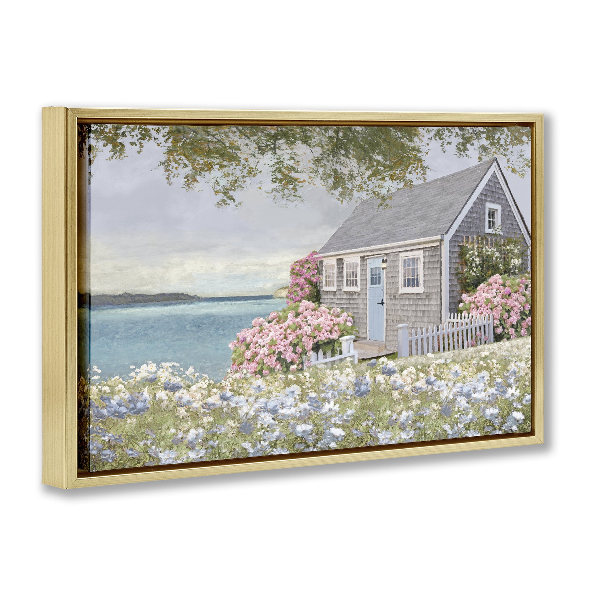 Stupell Industries Cottage with Rose Garden Landscape & Nature Painting Gold Floater Framed Canvas Art Print Wall Art, 25 x 17