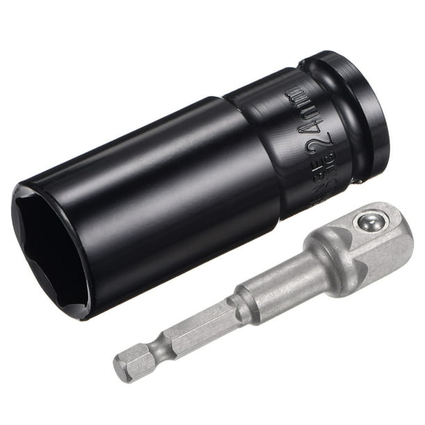 Juego de accesorios de enchufe Uxcell, adaptador de impacto de enchufe profundo de 24 mm con vástago hexagonal de 1/4" y transmisión de 1/2"