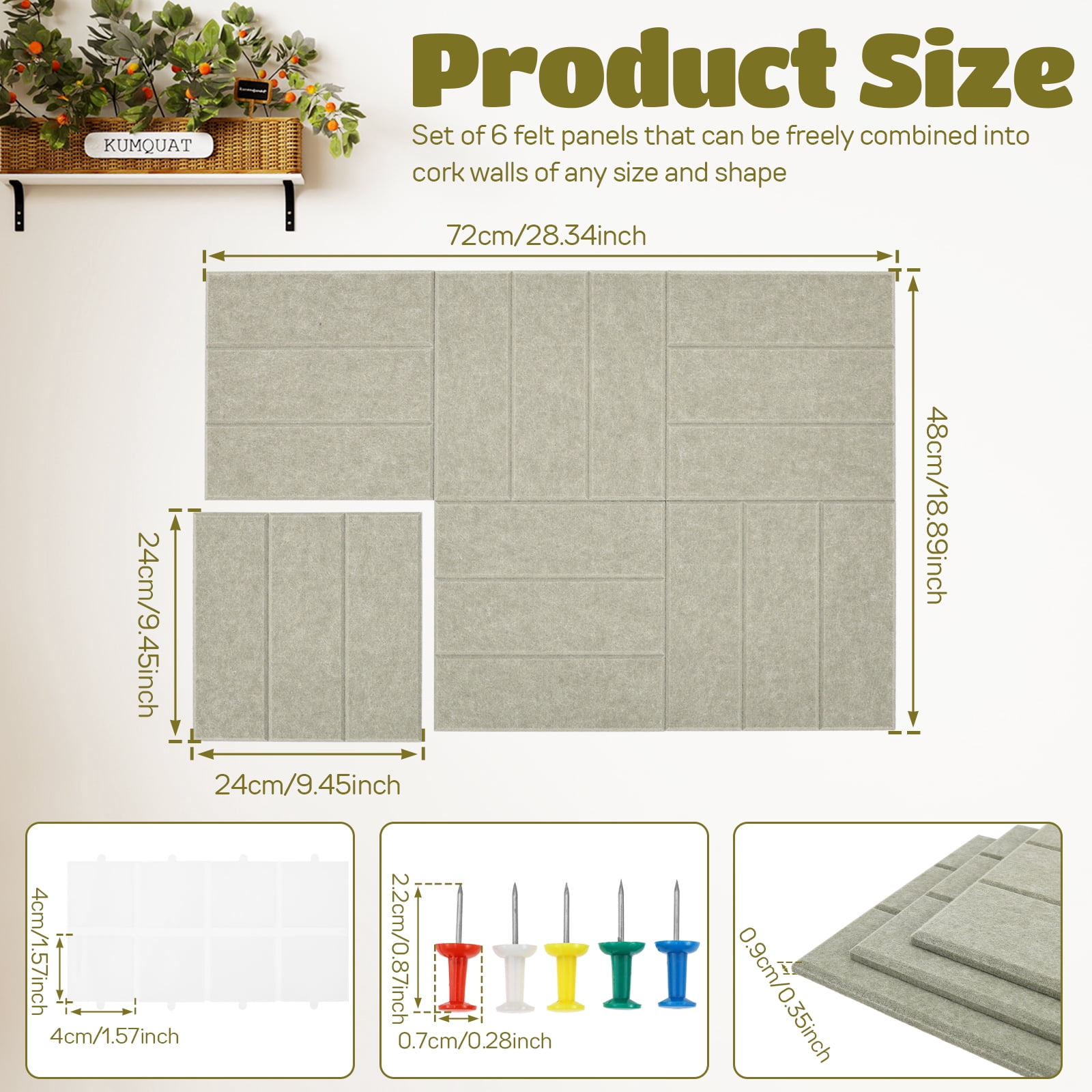 6PCS Felt Bulletin Board Tiles with Adhesive Tabs and Pushpins Felt Wall Tiles Push Pin Board Wall Organizer for Office Home Decoration