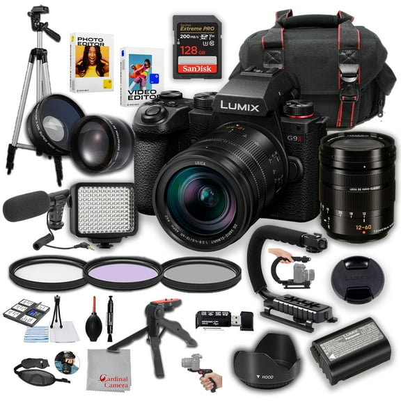 Panasonic Lumix G9 II Mirrorless Camera with 12-60mm f/2.8-4 Lens | 25.2MP | LED Square Light, Microphone, 128GB Extreme Memory, Wide Angle and Telephoto Lens, U-Grip and Tripod Bundle