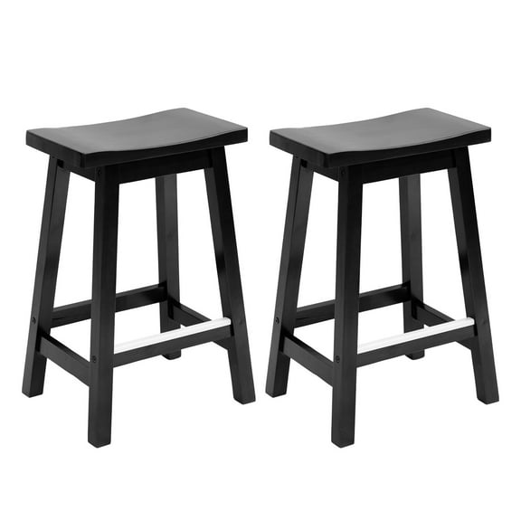 SLSRFD Bar Stools Set of 2 – 24" Solid Wood Saddle Seat Counter Height Stools with Footrest, A-Frame Wooden Bar Chairs for Kitchen Island & Dining, Black