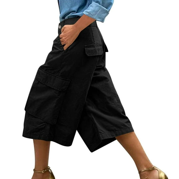 Mohiass Cargo Capris for Women with Pockets Wide Leg High Waisted Capri Pants Summer Caual Loose Cropped Trousers Black XL