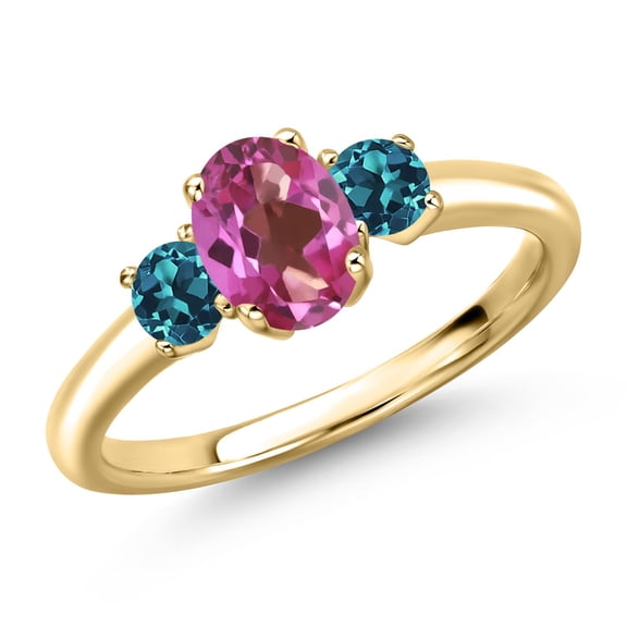 Gem Stone King 10K Yellow Gold Pink Mystic Topaz and London Blue Topaz Engagement Ring for Women | 1.24 Cttw | Oval 7X5MM | Gemstone November Birthstone | Size 7