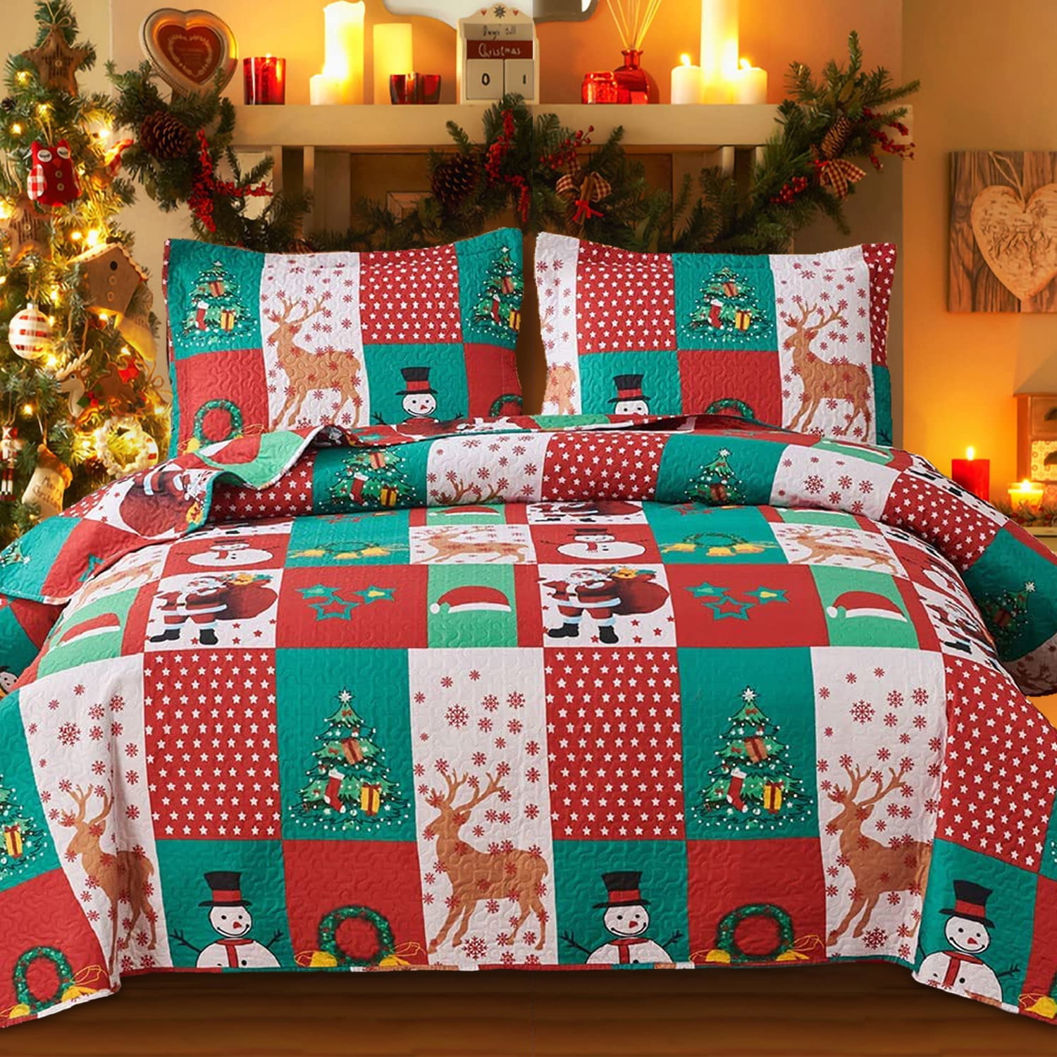 Green Essen Christmas Quilts Twin Size Red Santa Claus Bedding Set
