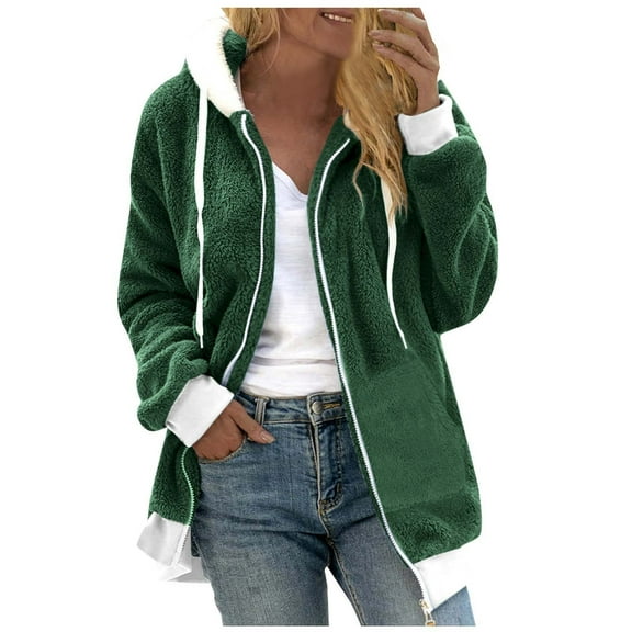 ICHUANYI Womens 2023 Fall Winter Stylish Fuzzy Warm Jacket Hooded Solid Plush Warm Coats Outerwear with Pockets