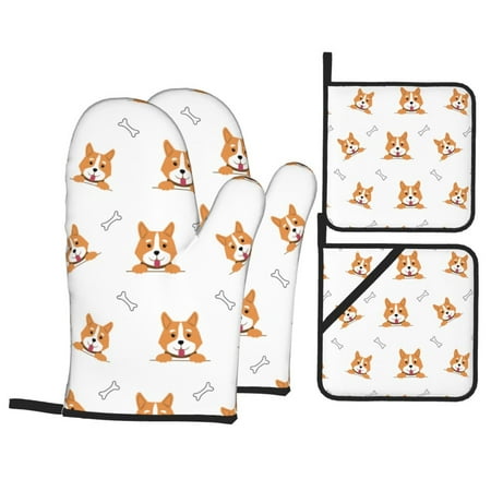 

Oven Mitts and Pot Holders Sets 4 pcs - Funny Cute Corgi Dog Bones_A Heat Resistant Silicone Oven Gloves with Non-Slip Silicone Surface and hot pads for kitchen Baking Cooking BBQ