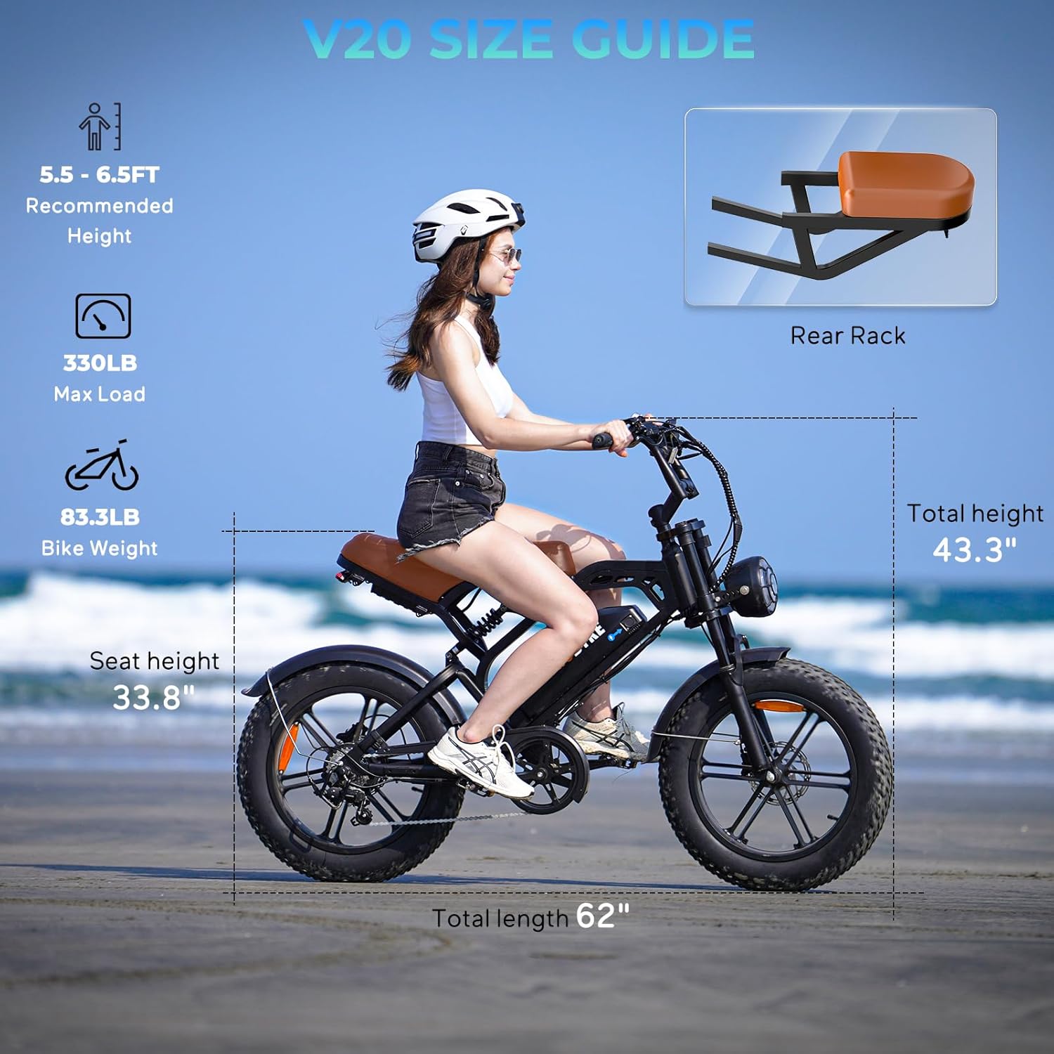Tamobyke V20 Electric Bike for Adults, 20" Fat Tire E-Mountain Bicycle, Peak 1500W 48V 15.6Ah 30MPH Ebike Full Suspension UL2849