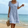 thumbnail image 3 of 2026 Summer Womens Dress Cotton Linen Square Neck Short Sleeves Eyelet Hem Knee-Length Dress, 3 of 9