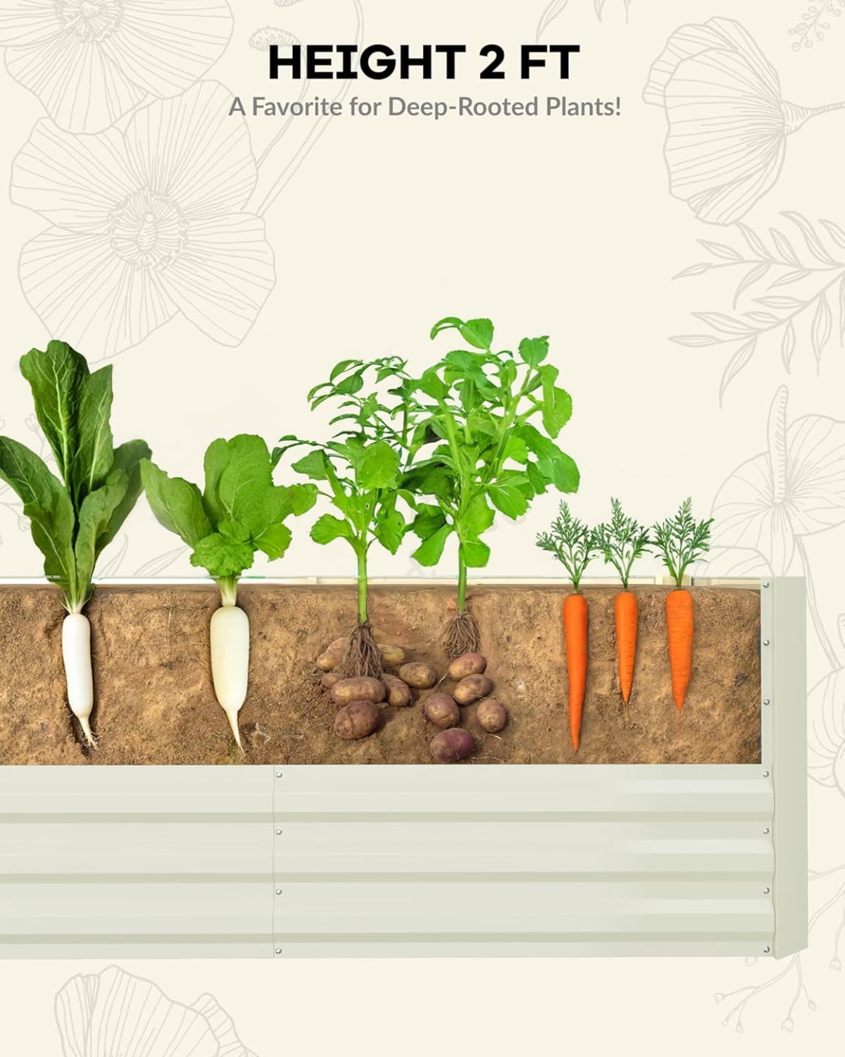 EuKer Outdoor Rectangular Planter, 6x3x2ft Metal Raised Garden Bed for Vegetables, Herbs, Flowers, Beige