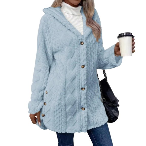 Aellinatey Women's Wool Jacket Button-Down Jacket Hooded Side-Open Cardigan Jacket