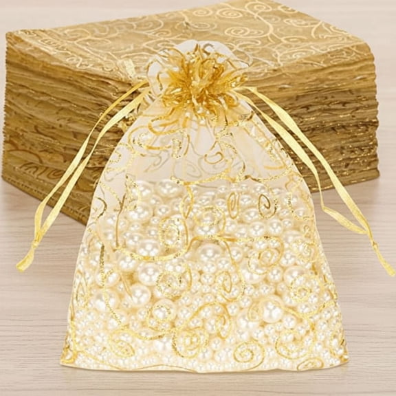 Organza Gift Bags 100Pcs Gold Sheer Organza Bag 5x7 Inch Drawstring Jewelry Rattan Printed Gift Pouches Mesh Favor Bags for Wedding Party Favors Couple Shower Christmas Gifts Candy Bags