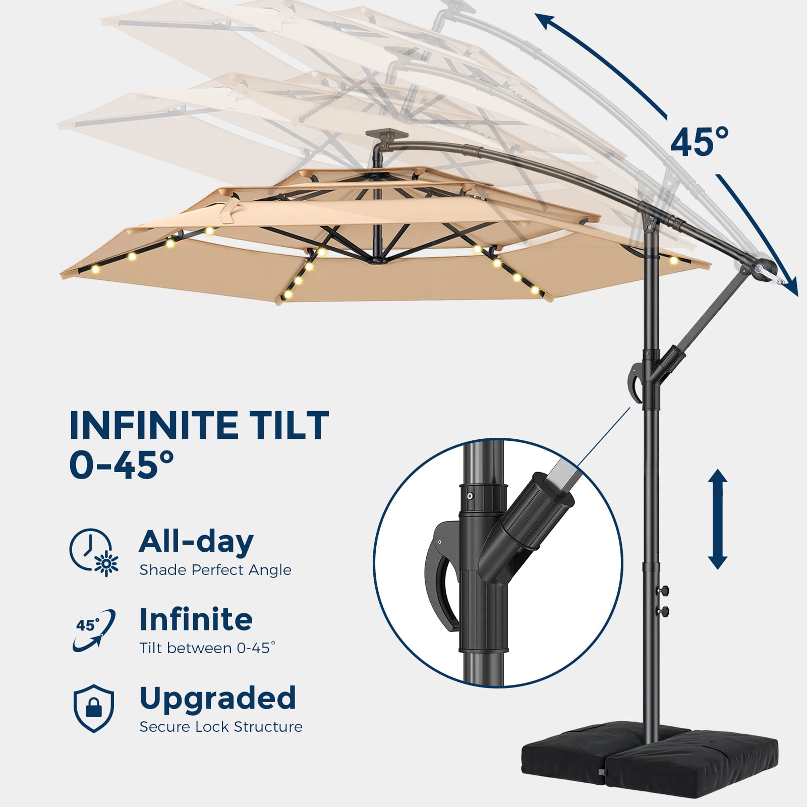 TASKBAY 10ft 3-Tiered Cantilever Patio Umbrella Solar LED Lighted, Hanging Offset Market Outdoor Sun Shade with Base Stand for Beach, Backyard, Deck, Poolside, Beige