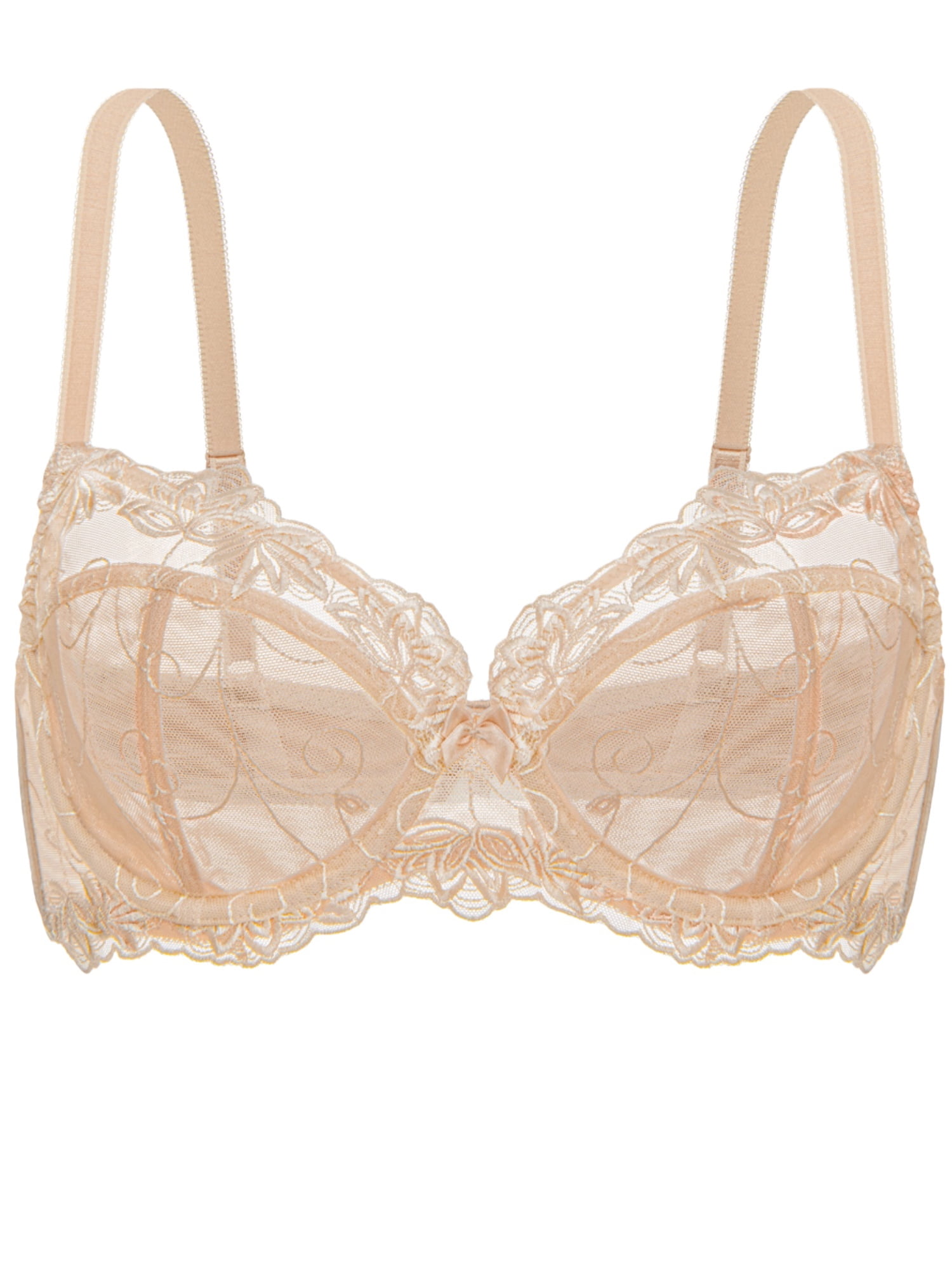 Deyllo Women's Lace Bra Non Padded Full Cup Underwire Push up See Through Plus Size Bra, Beige 34C