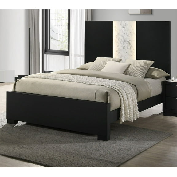 1Pc Beautiful King Size Sleek Panel Bed Black/White Finish Solid Wood Wooden Bedroom Furniture