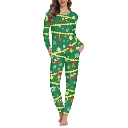 

NETILGEN 2 Pack Ugly Christmas Snowflower & Lights Pattern Women Pajama Set Long Sleeve Winter Casual Home Pajama Sets for Women Comfort Crew Neck Women Lounge Wear